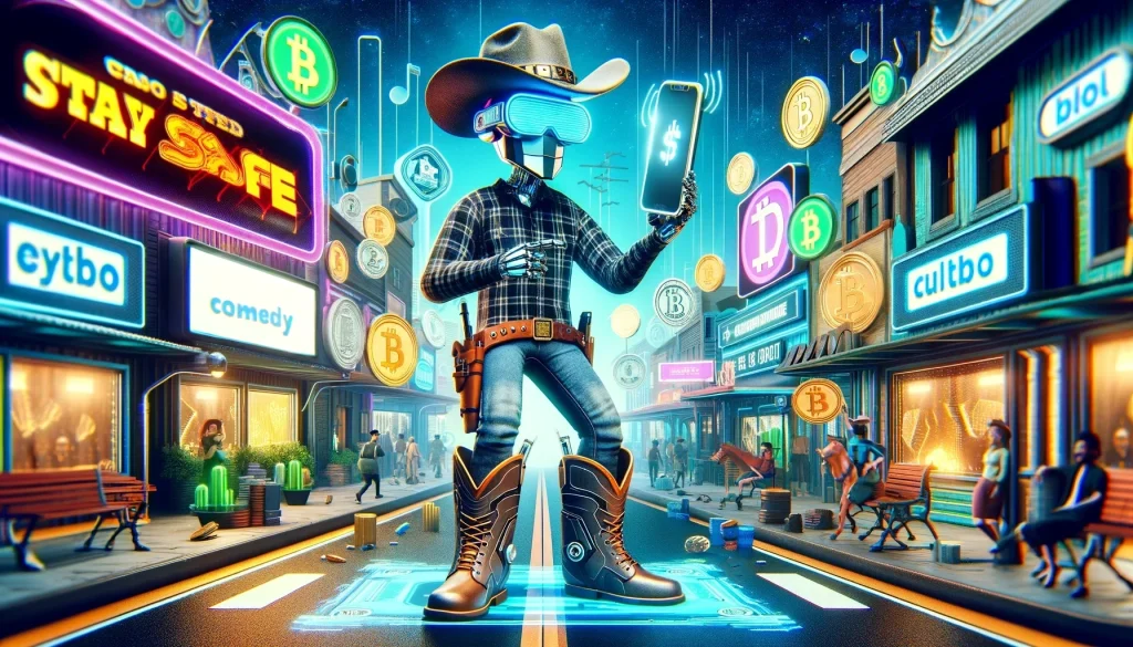 A futuristic 3D street art style image illustrating a blog post about staying safe in cryptocurrency, with a single sign that reads 'comedy'