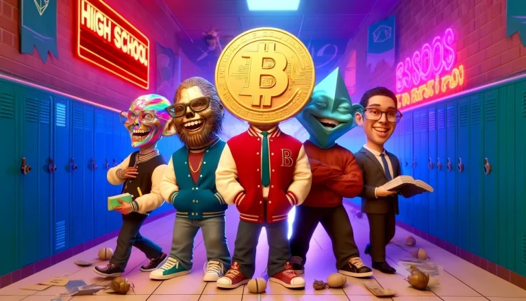 A futuristic street art 3D style scene for a blog post titled 'High School_ If Cryptocurrencies Were High School Cliques', completely free of any text