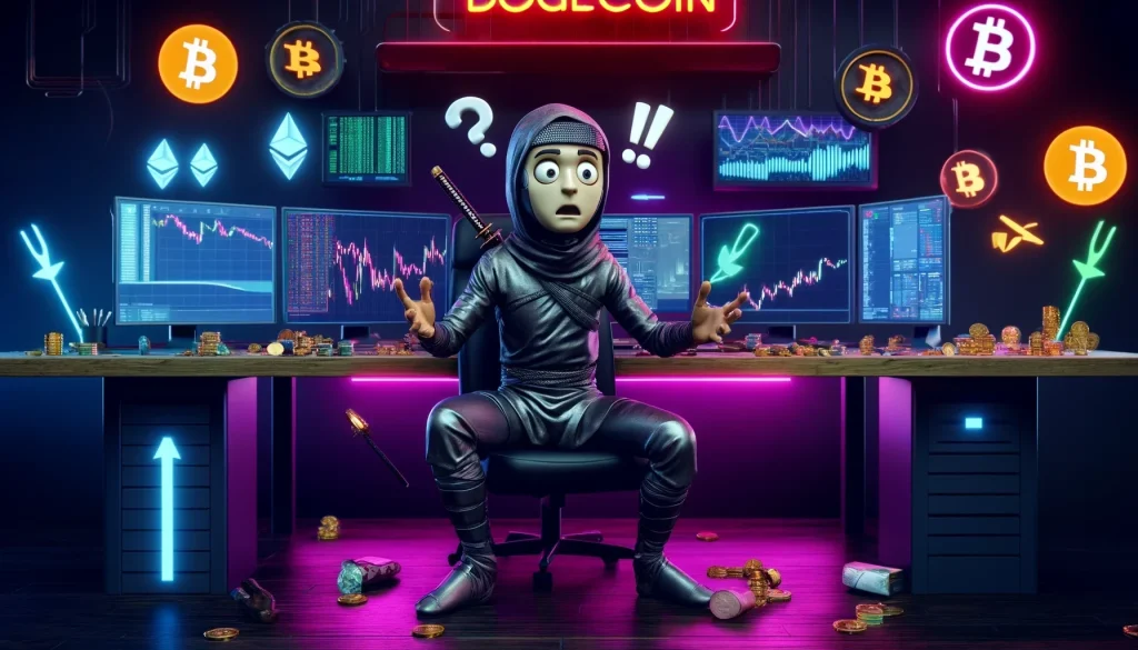 A humorous and futuristic scene for a blog post about cryptocurrency mishaps, now featuring a Dogecoin theme with additional elements. The previously