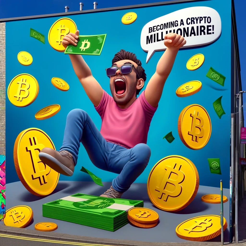 art mural showing a person celebrating becoming a crypto millionaire for a short moment, with exaggerated expressions and digital